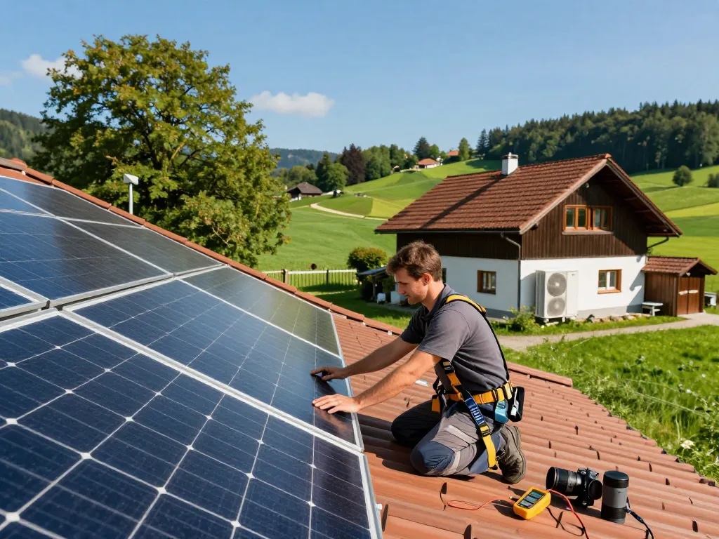 Photovoltaik Bayern Installationsszene mit Techniker, der Solarpanels in einer ruhigen bayerischen Landschaft prüft.