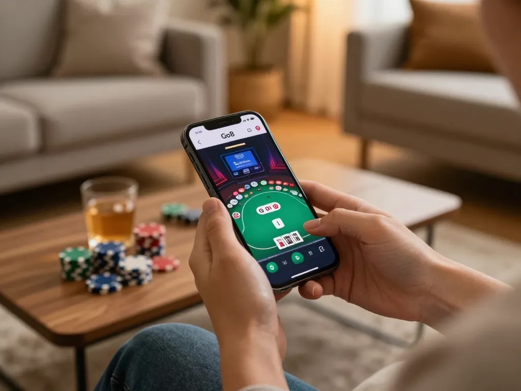 Engaging in mobile gaming with the Go8 app on a smartphone while enjoying a relaxed atmosphere.