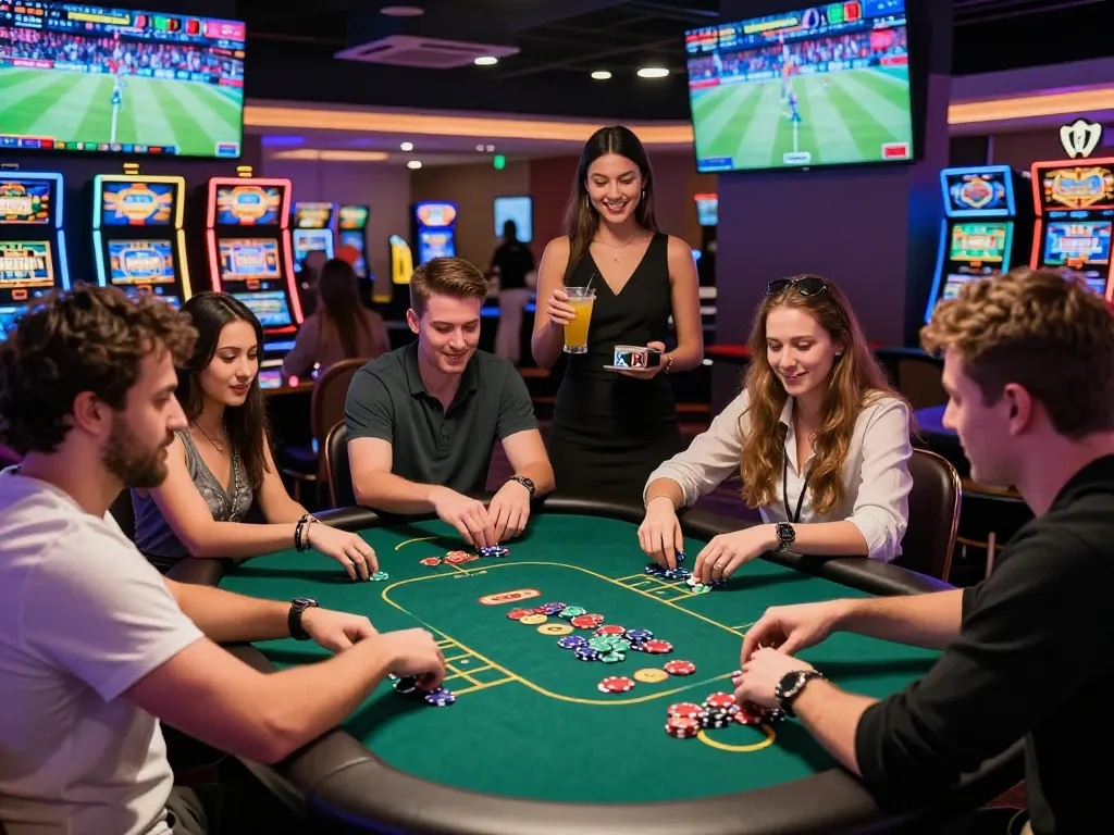 Exciting gaming atmosphere at five88 casino with friends enjoying poker amidst vibrant lights and social interaction.