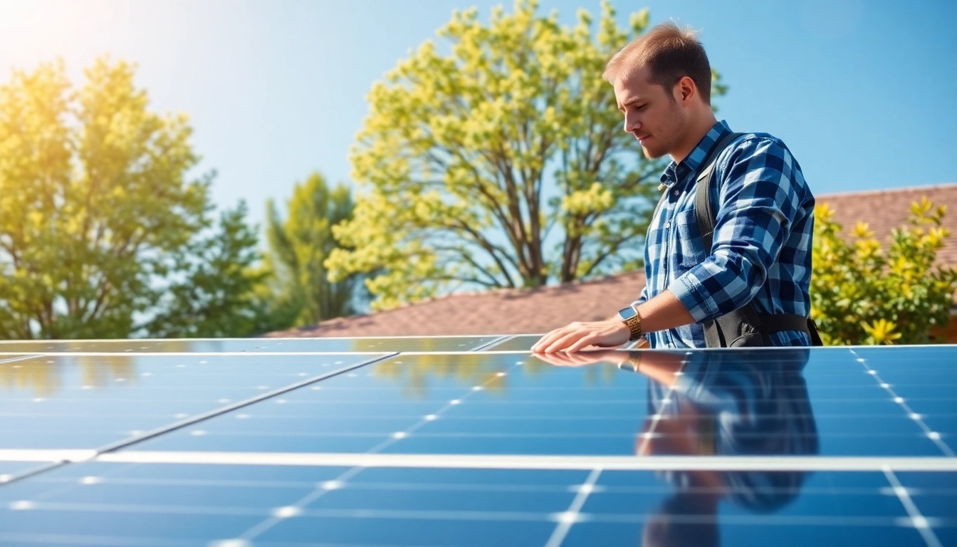 Erleben Sie Photovoltaik Leads mit einem Techniker, der Solarpanels in einer sonnigen Wohnumgebung installiert.