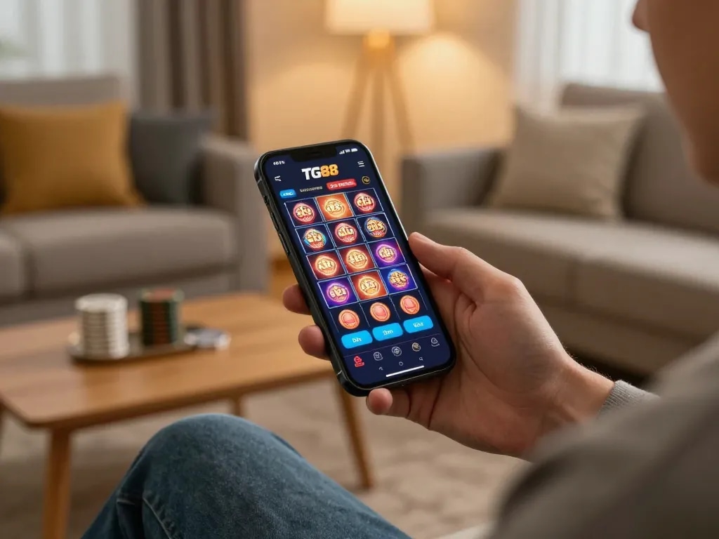 TG88 player enjoying mobile casino experience with slots interface at home.
