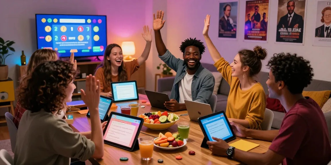 Group of friends enjoying a fun Quiz Allgemeinwissen night with tablets and snacks in a cozy setting.