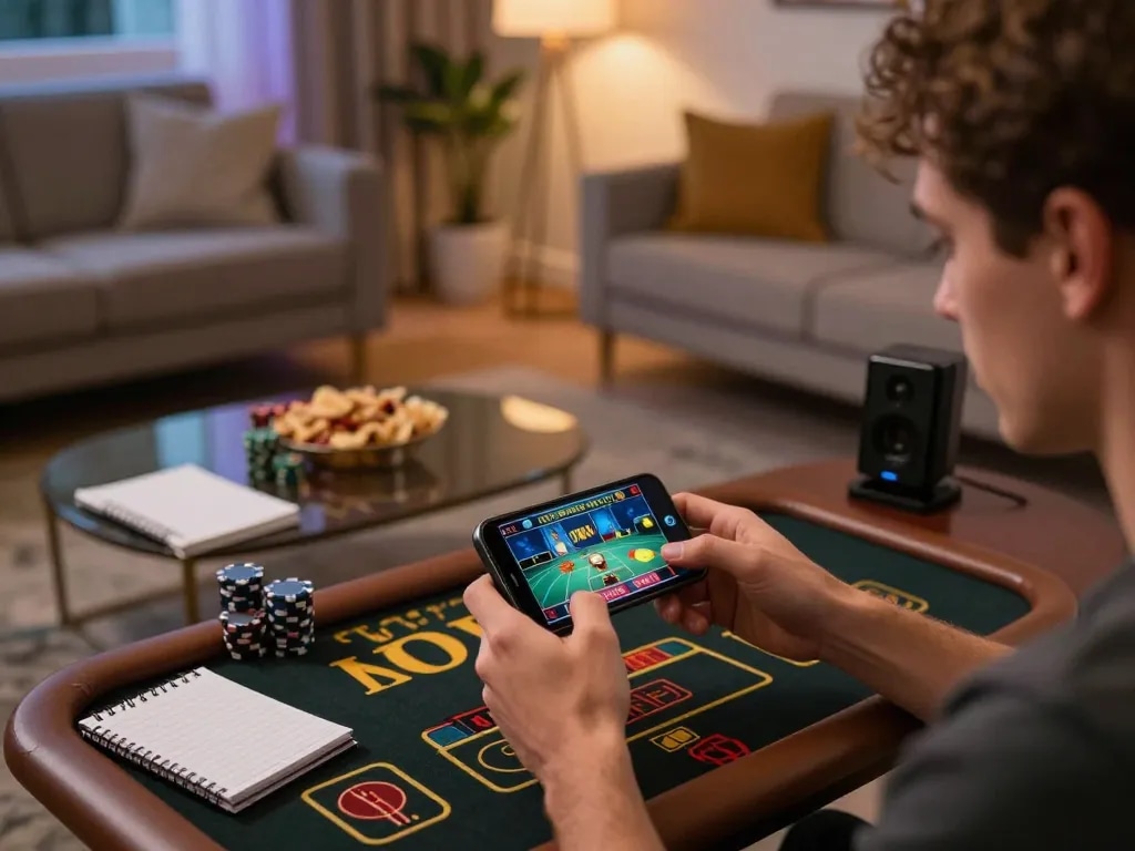 Engaging mobile gaming scene in a stylish living room, immersive online casino experience at cloud-africa.