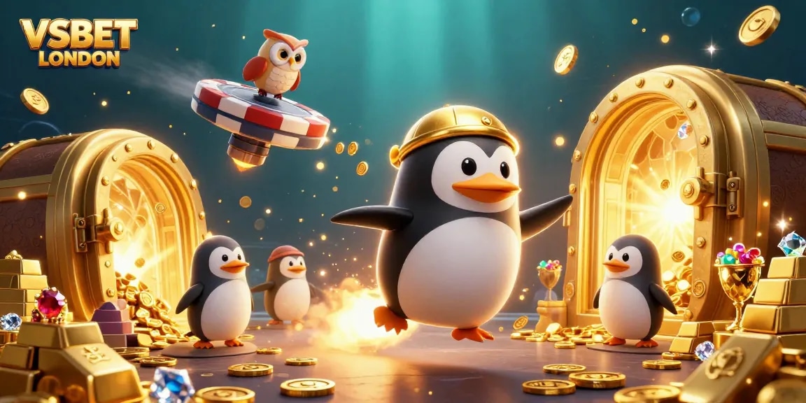 Engage with VSBET LONDON’s thrilling betting adventure featuring a golden penguin and casino treasures.