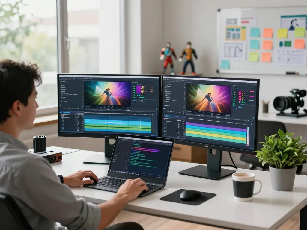 Free motion control AI video editing scene with tech professional at dual monitors, showcasing innovative video generation.