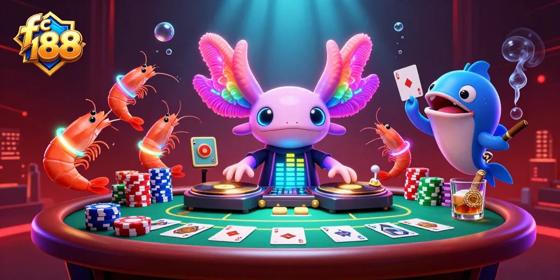 Engage with the vibrant casino scene featuring fc 188, showcasing a dynamic axolotl DJ and colorful poker elements.