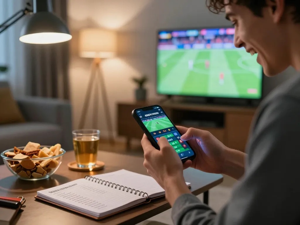 Player using lucks8 sports betting app at home, excitedly placing bets on live events.