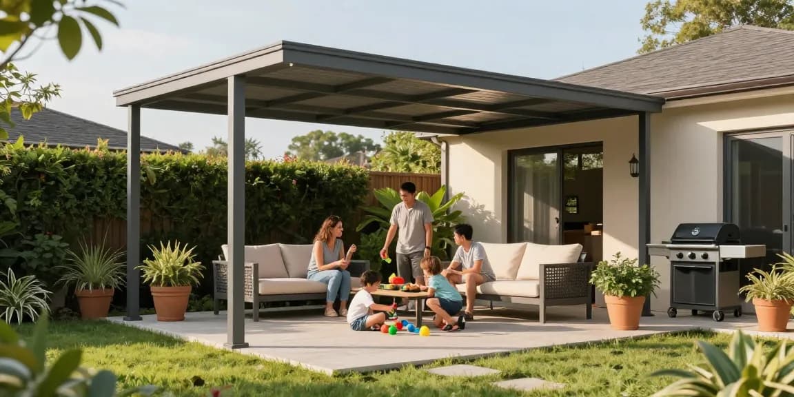 Familie unter einer freistehenden Terrassenüberdachung, die das sonnige Wetter genießt.