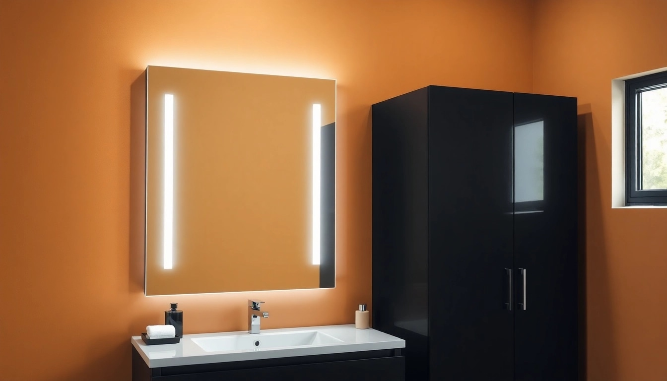 Moderne spiegelschrank led mit sanfter Beleuchtung in stilvollem Badezimmer, ergänzt durch Pflanzen und elegantem Design.