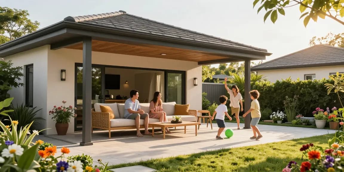 Moderne freistehende Terrassenüberdachung mit Familie im Garten.