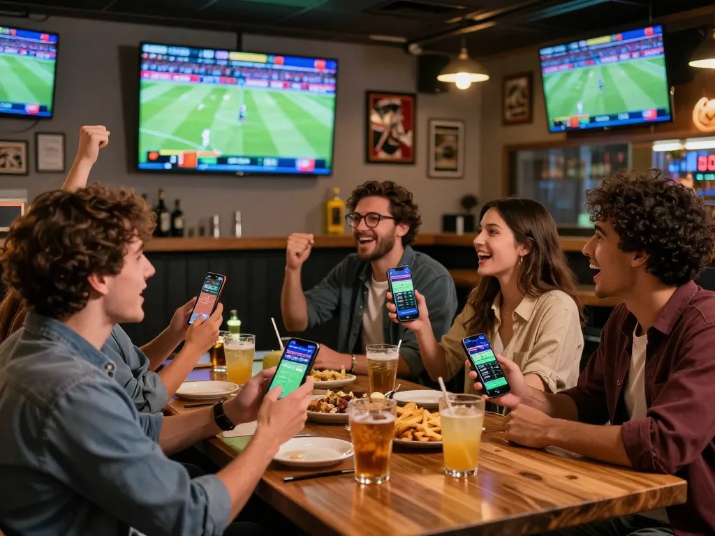 Friends enjoying zbet sports betting while watching a live match in a lively bar setting.