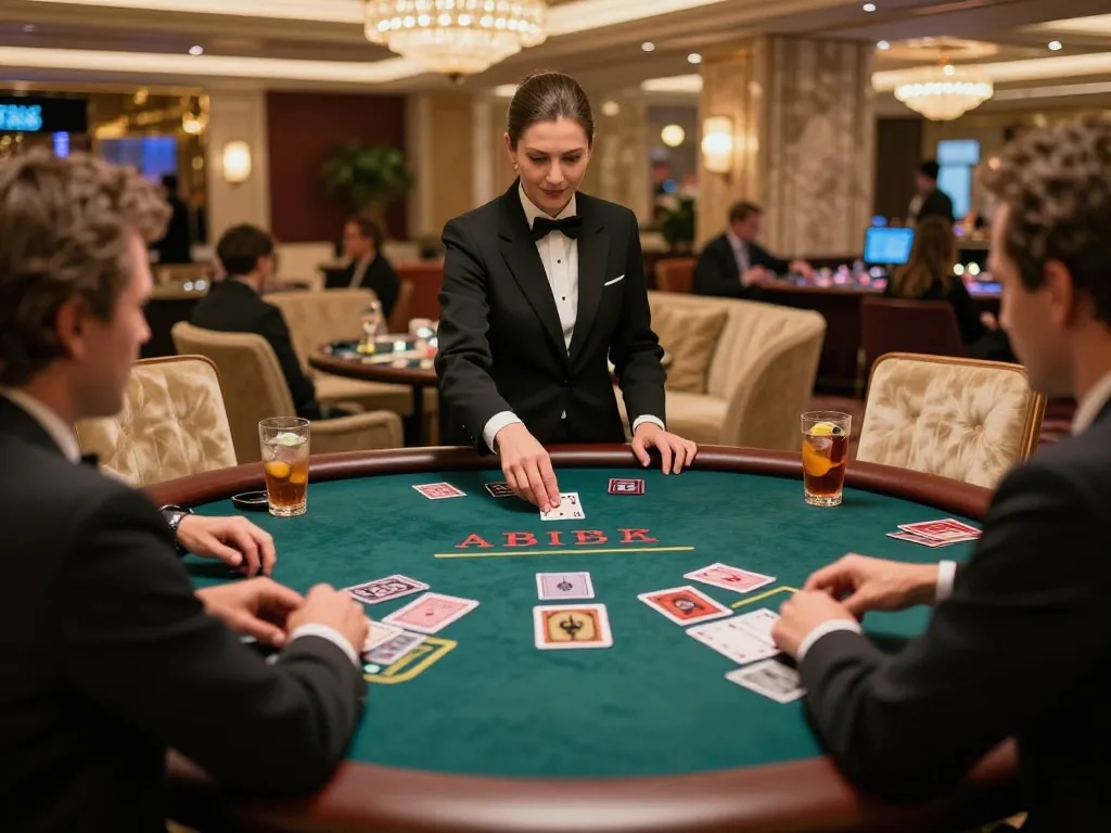 Players at a blackjack table on alo8 com celebrating a strategic win amid a luxurious casino atmosphere.