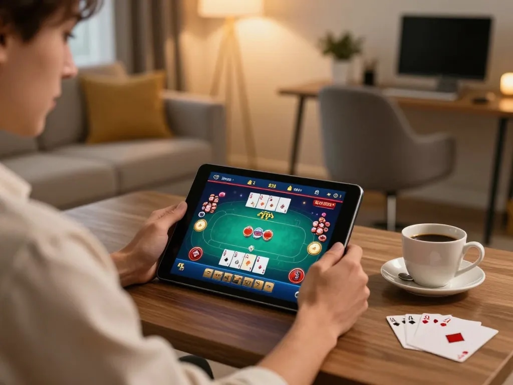 Player engaging in Kwin online poker game on tablet in cozy home setting