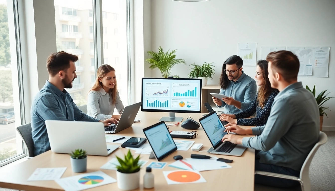 Efficient team discussing Online Marketing strategies in a modern office environment.