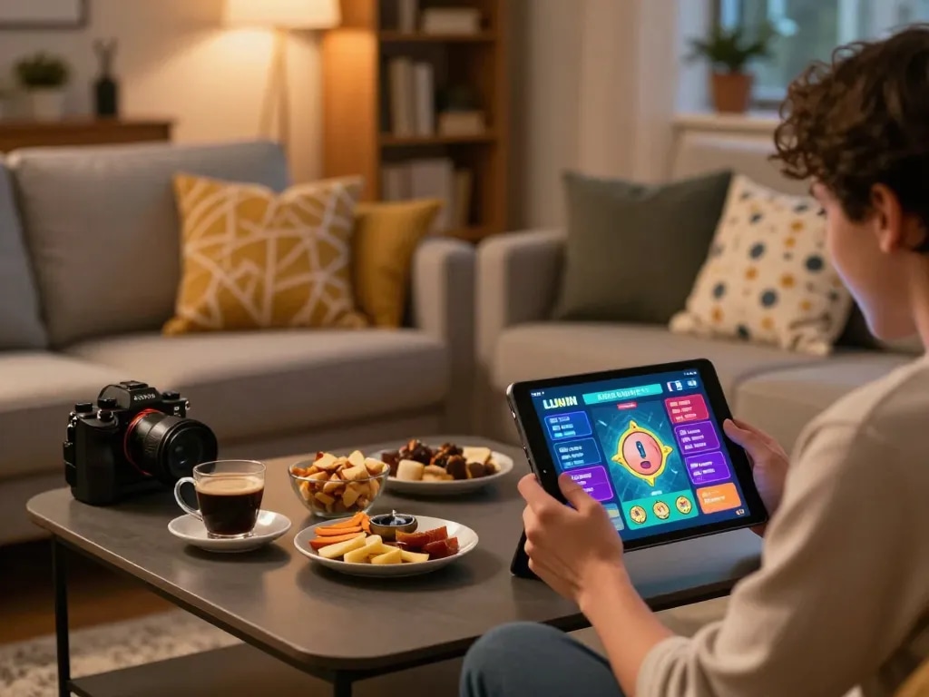 Engaging in LLWIN Function online gaming at home with vibrant tablet display and cozy atmosphere.