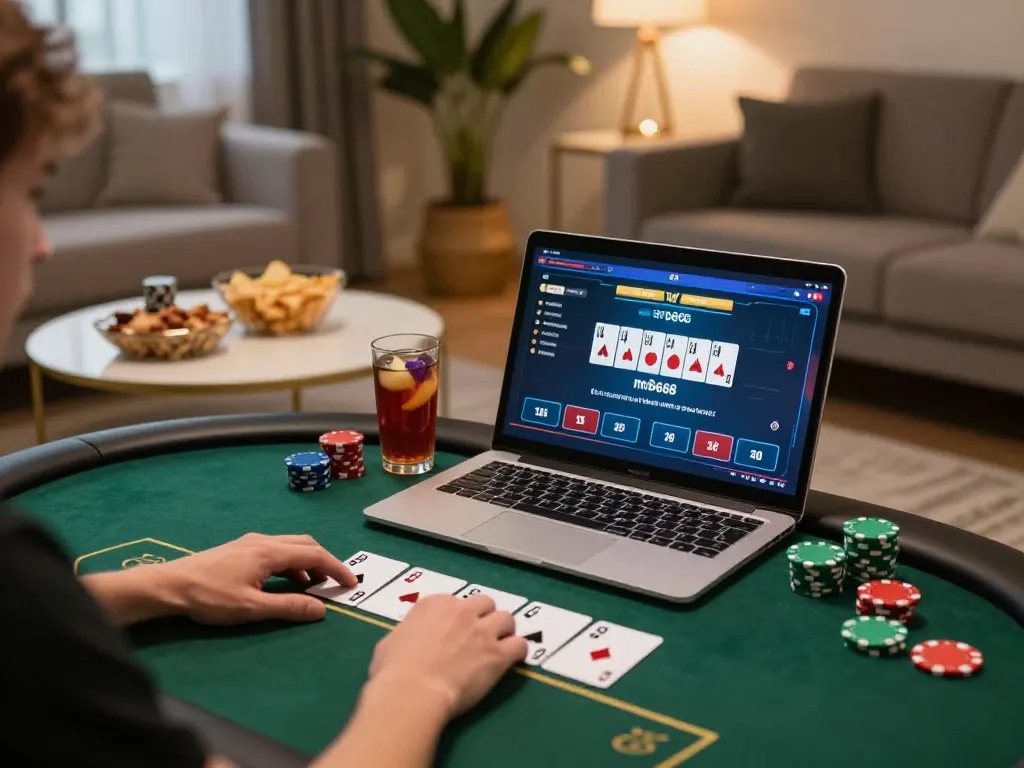 Player enjoying an online mb668 poker game at home with a cozy atmosphere and strategic mindset.