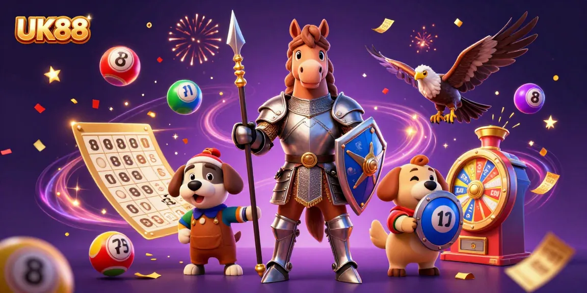 Experience the excitement of winning with UK88 in a vibrant 3D casino scene featuring a knight, puppy, and falcon.
