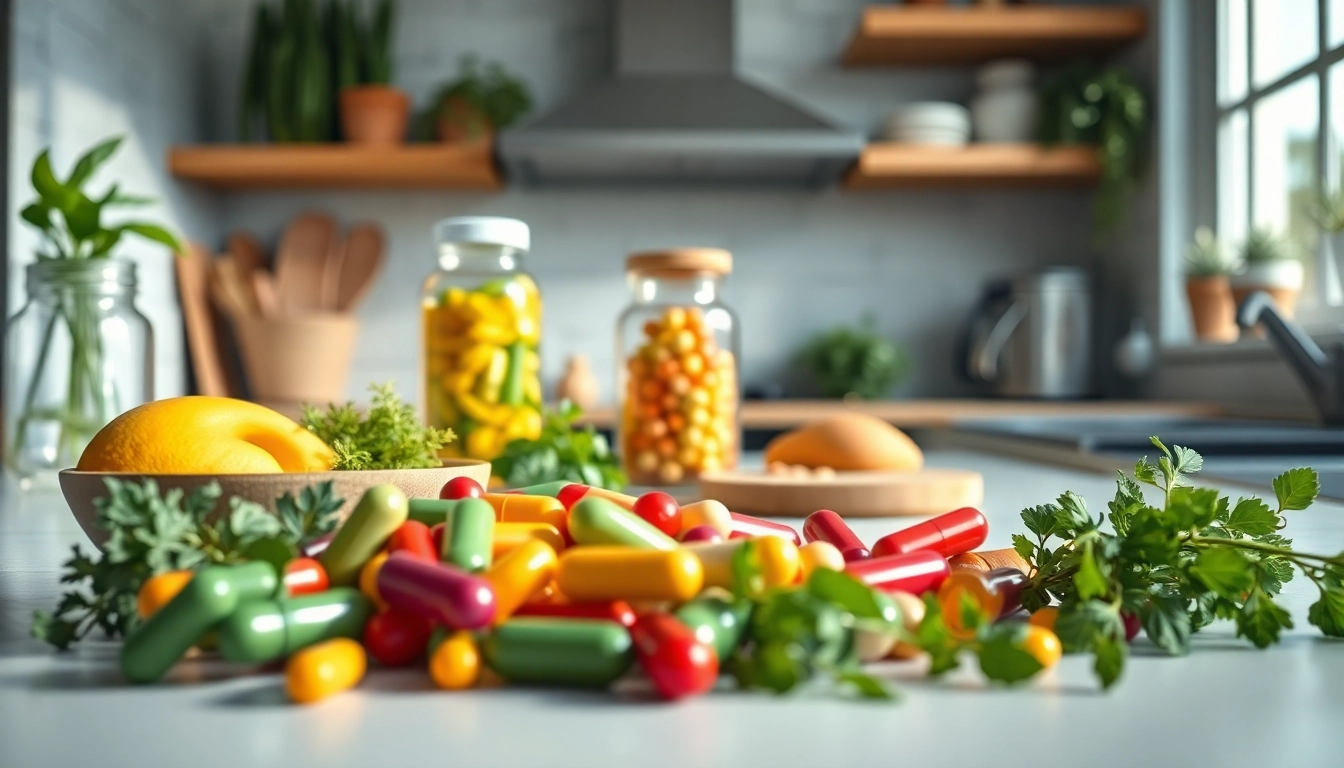 Vegane Supplements displayed artistically among natural ingredients in a bright kitchen setting.