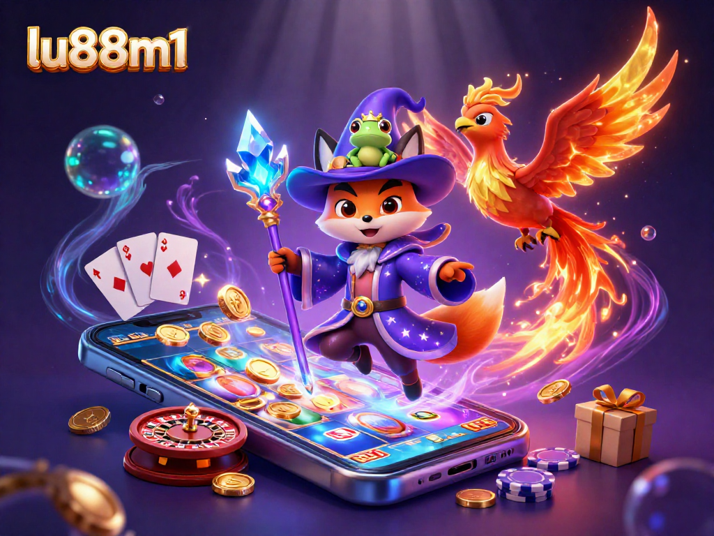 Experience thrilling gambling adventures with LU88m1 in a vibrant 3D casino illustration featuring magical characters.
