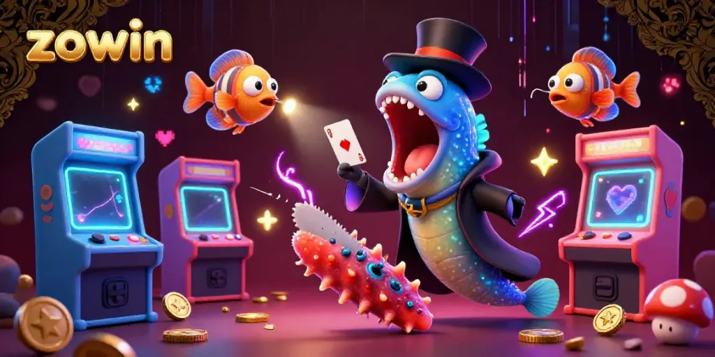 Engage with the vibrant card magic of zowin in this enchanting casino scene featuring whimsical sea creatures.