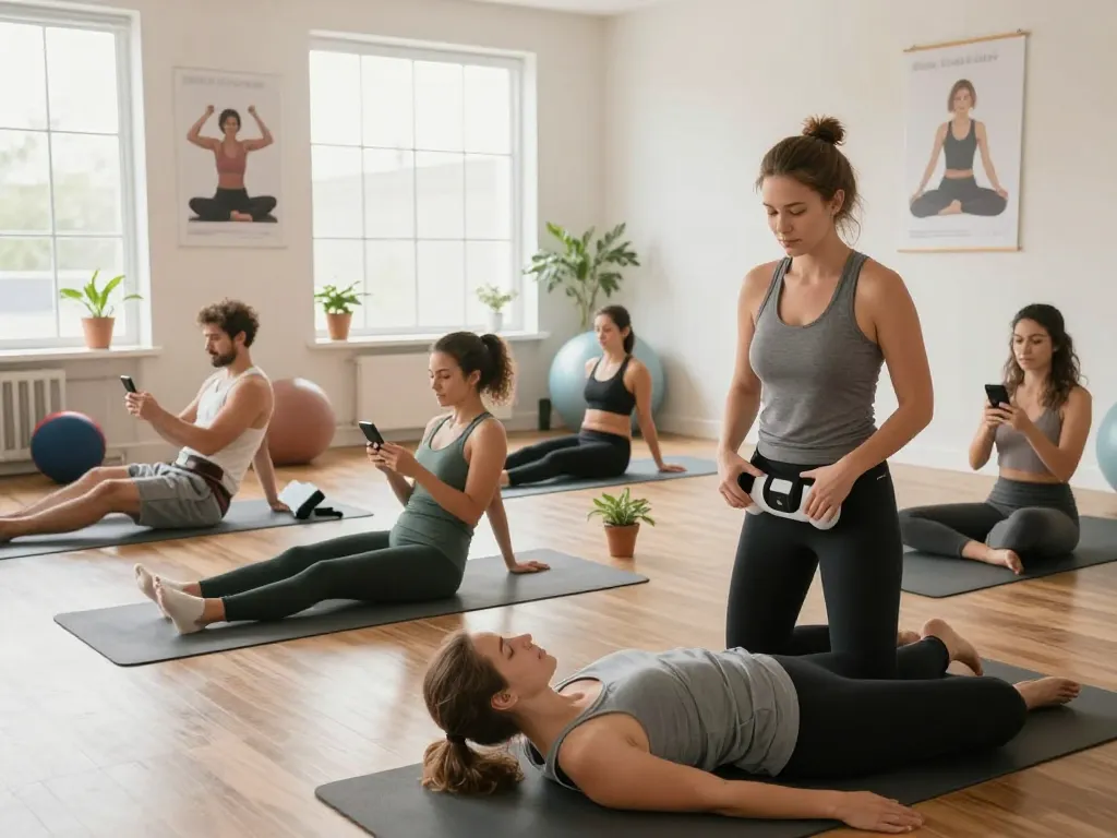 Engaged participants in a Pelvi-care.de wellness session focused on pelvic floor exercises with expert guidance.