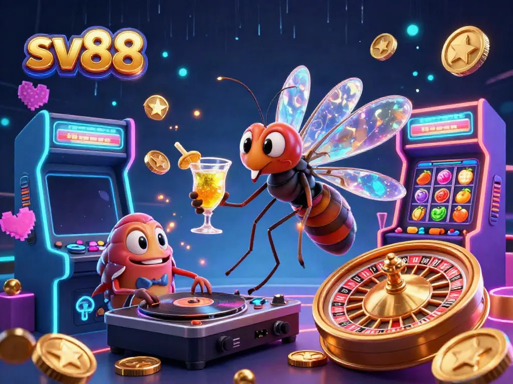 Experience thrill with sv88 as a cartoon mosquito mascot and trilobite DJ in a vibrant casino.
