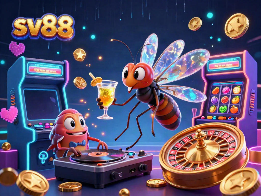 Experience thrill with sv88 as a cartoon mosquito mascot and trilobite DJ in a vibrant casino.