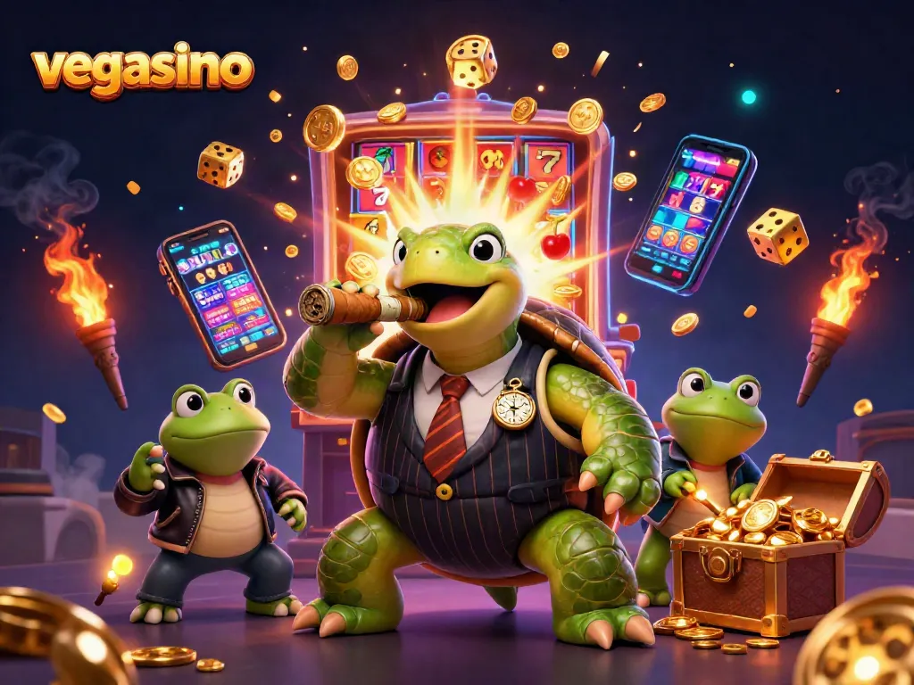 Experience the fun at Vegasino with a mobster turtle and vibrant casino elements.