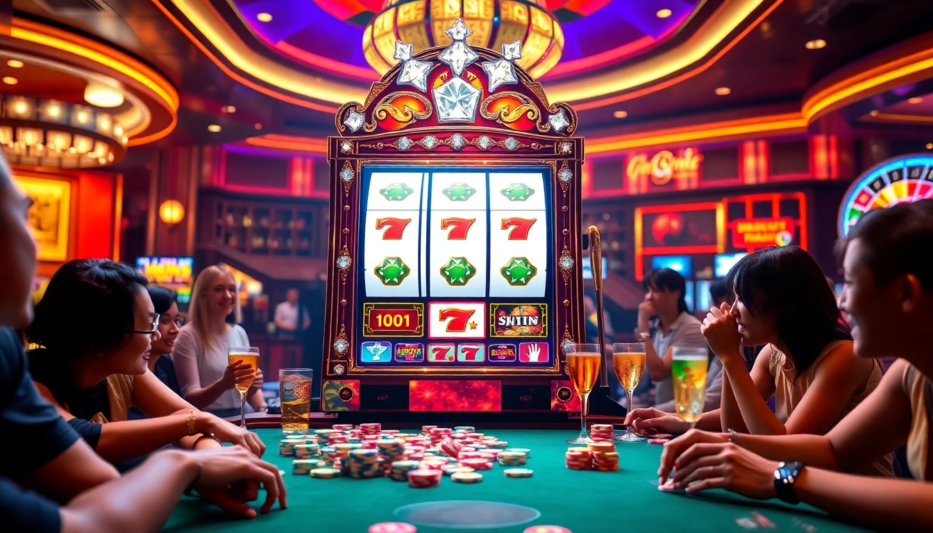 Experience the thrill of nổ hũ with an exciting casino scene featuring slot machines and captivating players.