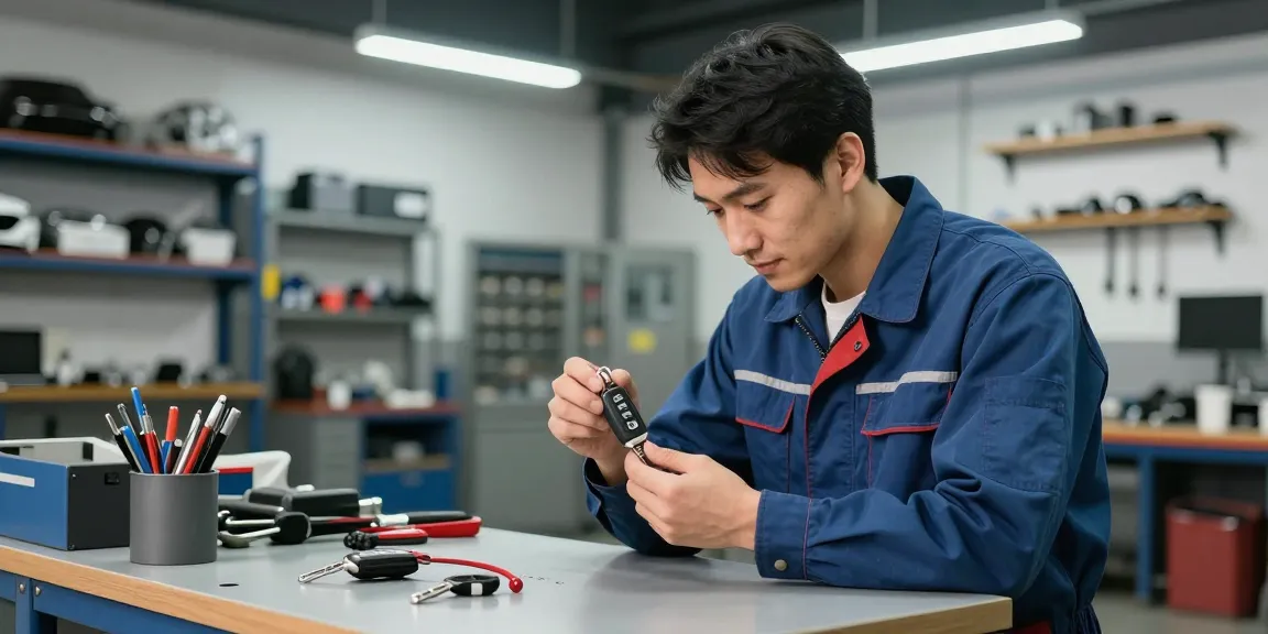 Experte überprüft einen Autoschlüssel in der Werkstatt mit Werkzeugen und Ersatzteilen.