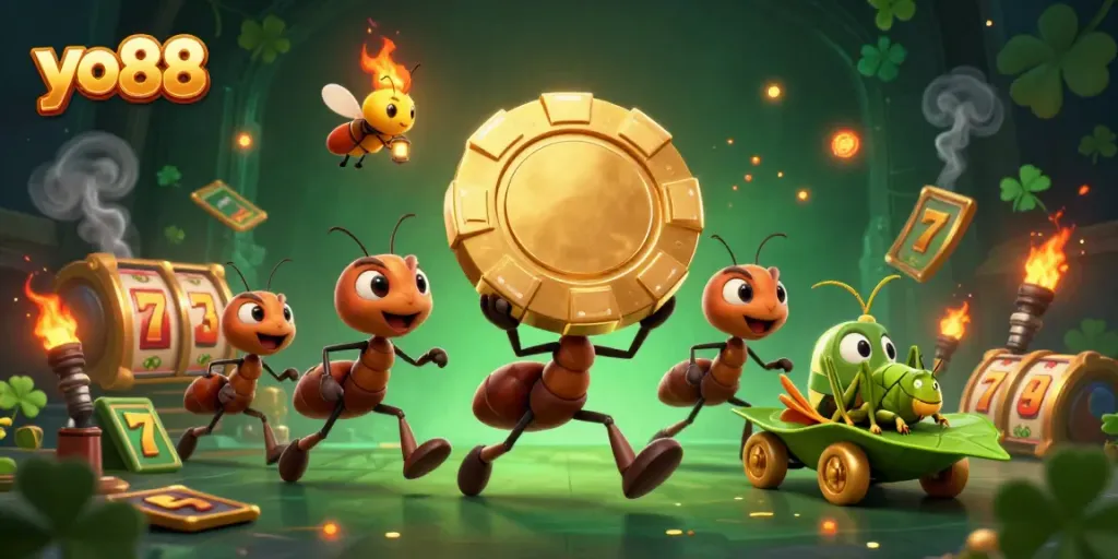yo88 heist with ants, firefly lookout, and grasshopper driver in a vibrant casino scene.