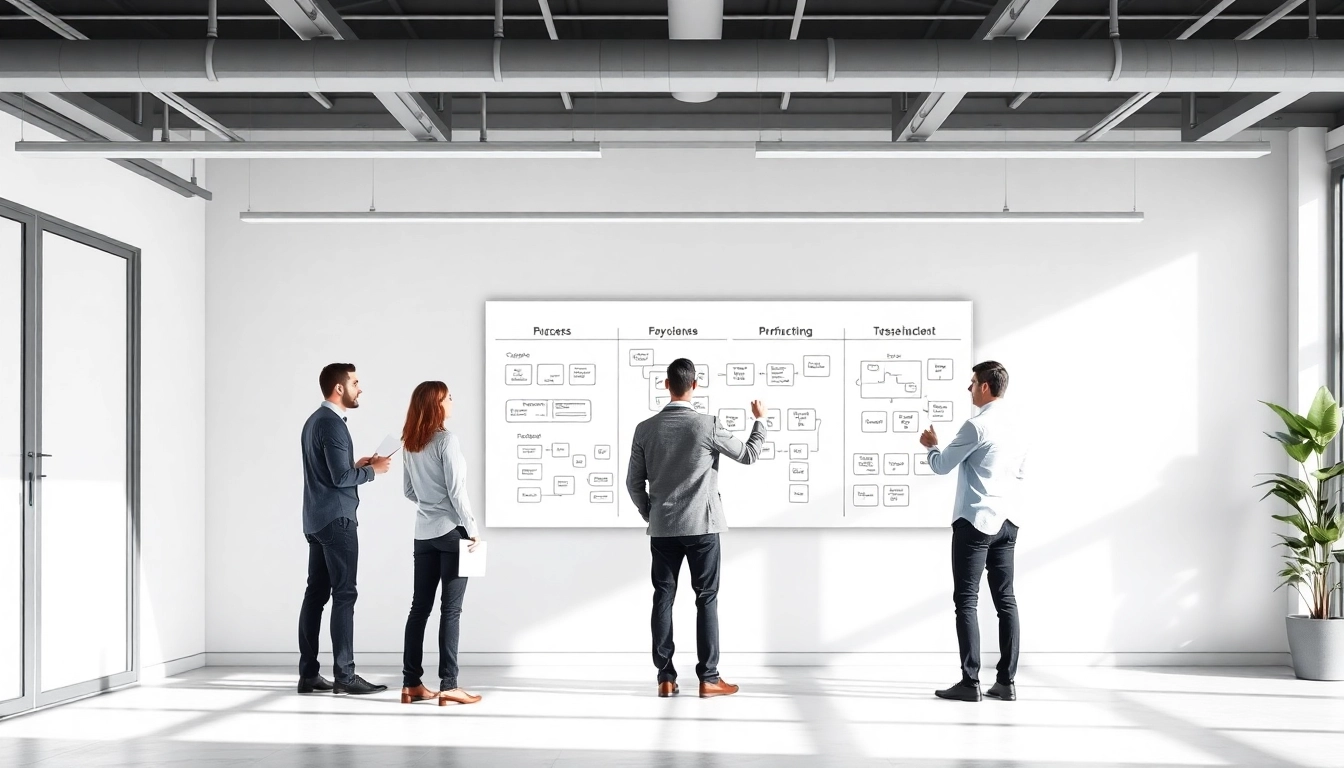 Optimierung von Arbeitsabläufen: Team bei der Prozessoptimierung am digitalen Whiteboard