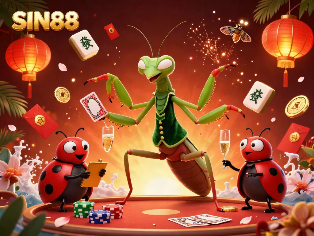 SIN88 showcases a vivid, ultra-detailed 3D digital illustration featuring a praying mantis card sharp and captivating game elements.