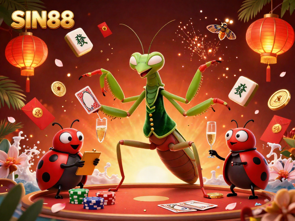 SIN88 showcases a vivid, ultra-detailed 3D digital illustration featuring a praying mantis card sharp and captivating game elements.