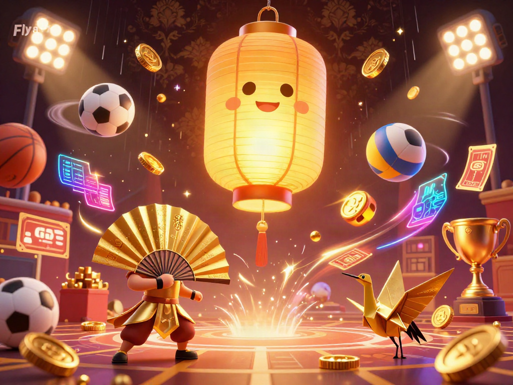 Experience the excitement of Fly88 through a glowing lantern spirit and dynamic sports elements in a vibrant casino scene.
