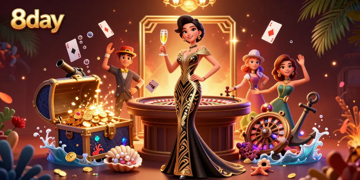 Experience the thrill of a casino with 8day's glamorous Asian woman and exciting game elements in a vibrant scene.