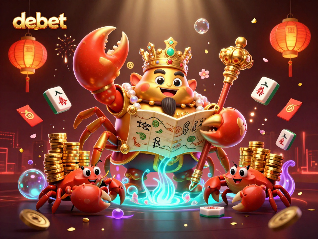 Experience thrilling gaming at debet with a vibrant golden crab emperor and enchanting casino elements.