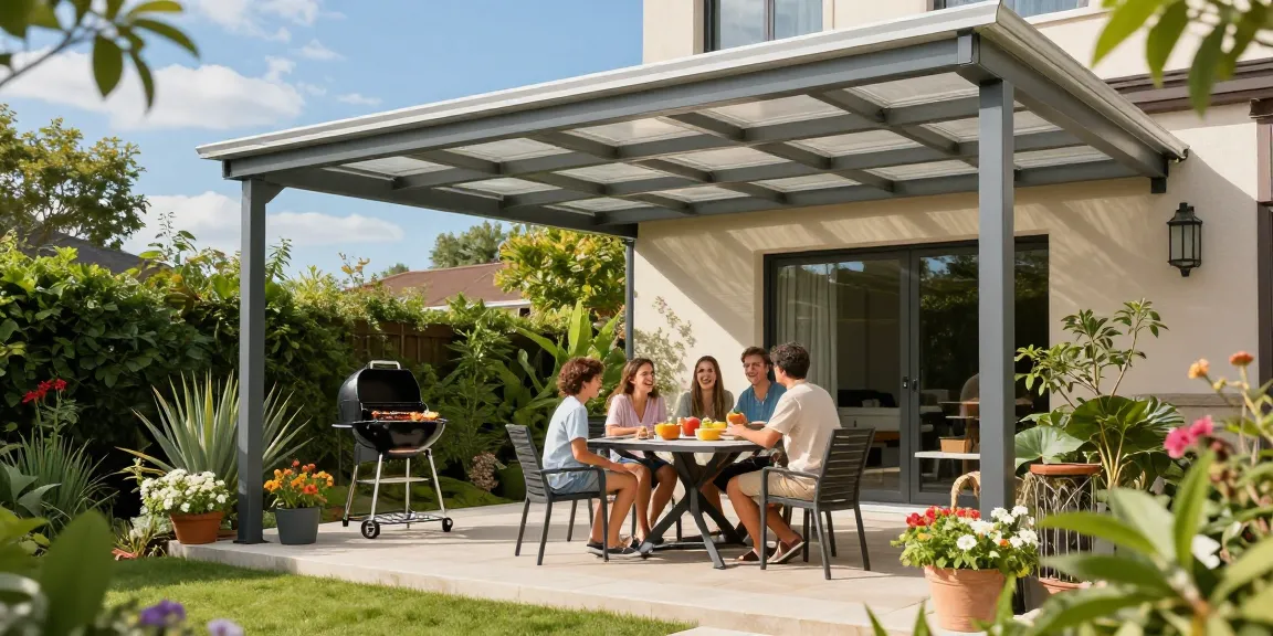 Moderne Terrassenüberdachungen in einem Garten mit Familie am Grill.