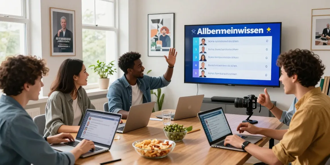 Quiz Allgemeinwissen: Gruppe von Freunden beim Online-Quiz in einem modernen Home Office, Spaß und Wettbewerb in der Luft.