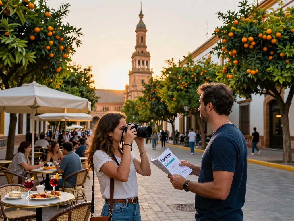 Paar erkundet die lebhaften Straßen Sevillas mit einem Reiseführer, der Reisetipps Sevilla präsentiert, abendliche Atmosphäre rund um Tapas und Sangria.