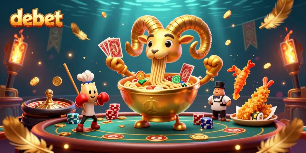 Deal cards and stack chips with debet's vibrant casino characters in a lively environment.