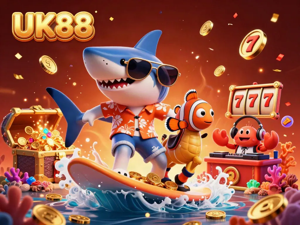 Experience the thrill of UK88 with a cartoon shark surfing on gold coins, symbolizing online gambling excitement.
