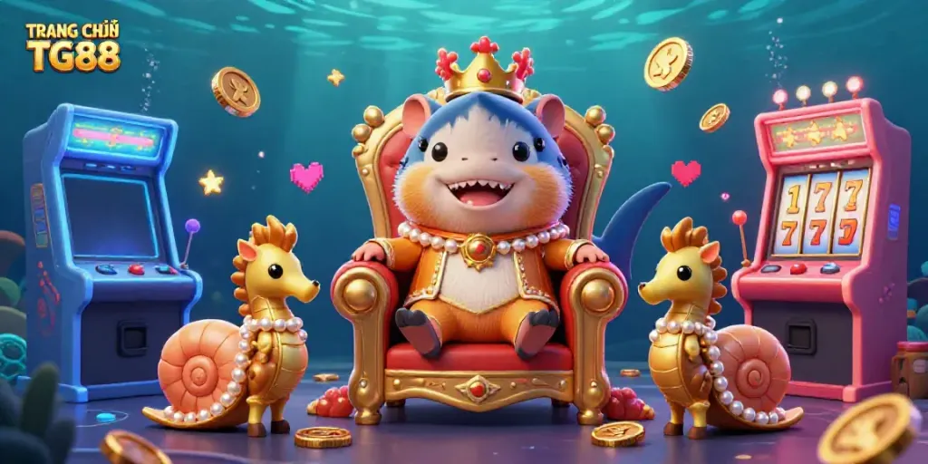 Join TRANG CHỦ TG88 for thrilling gaming adventures with colorful arcade machines and a majestic hamster king.