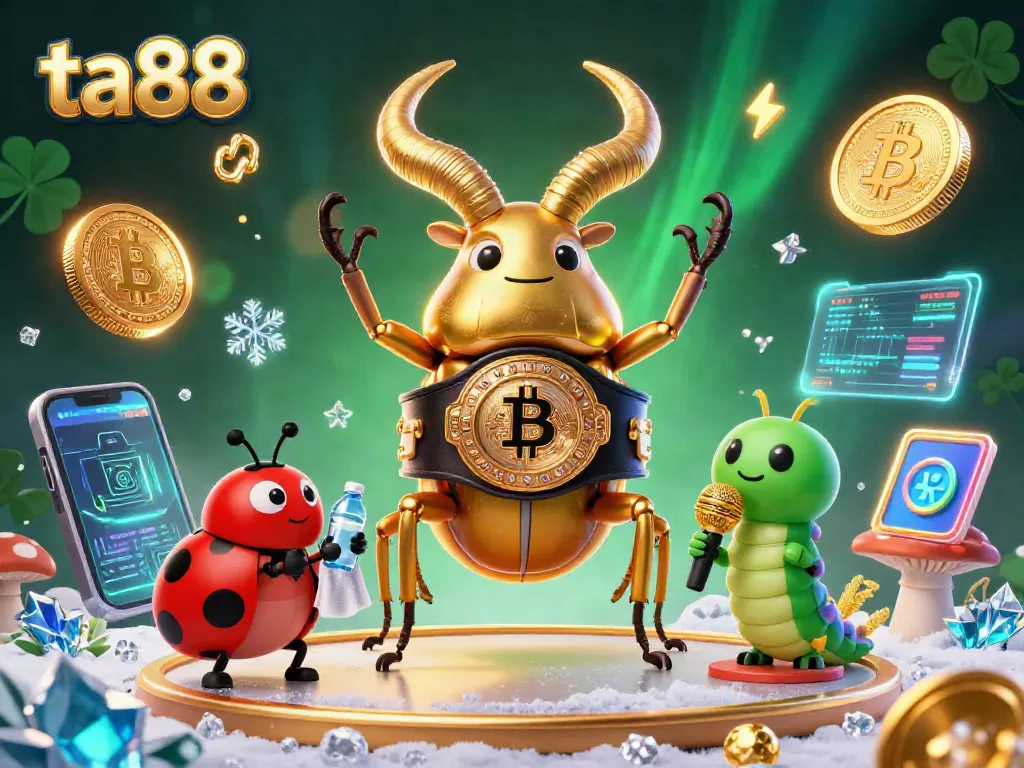 Engage with ta88's thrilling gaming experience featuring a vibrant 3D cartoon scene showcasing unique characters and crypto elements.