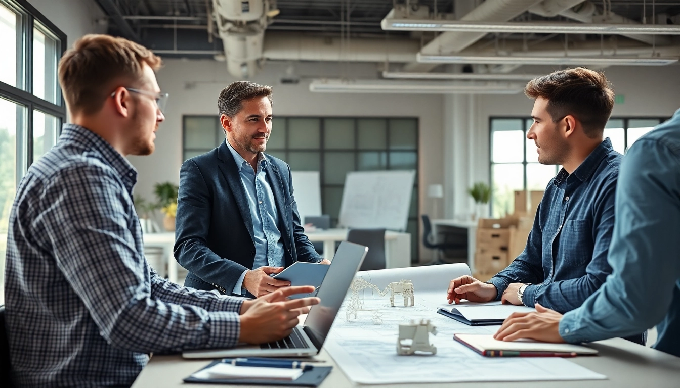 Headhunter Ingenieure in modernem Büro, beratend mit Ingenieuren und technischen Modellen.