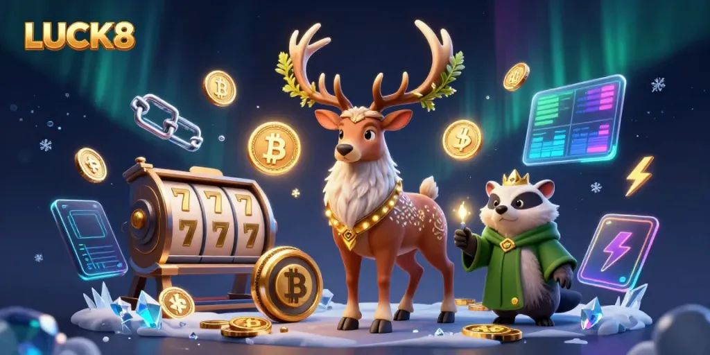 LUCK8 offers thrilling slot experiences with a magical druid and badger in a rich casino scene.