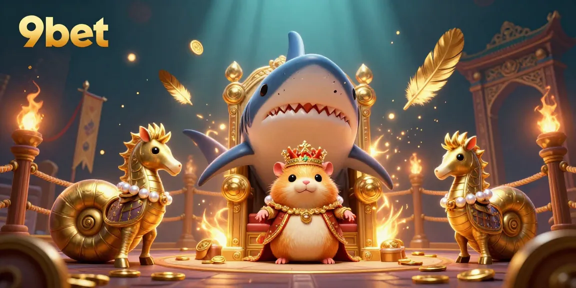 Experience thrilling action at 9bet with an illustration showcasing a golden hamster king on a megalodon throne, surrounded by vibrant casino elements.