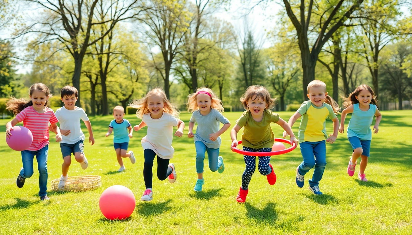 Bewegungsspiele mit Kindern hier mehr erfahren im Park, voller Spass und Energie.