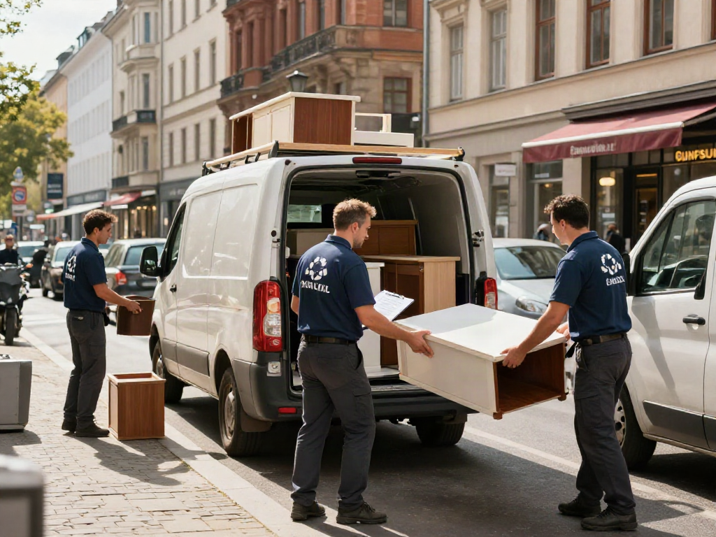 Professionelles Team bei der Wohnungsentrümpelung Berlin, Möbel werden in ein Fahrzeug geladen, urbaner Hintergrund.