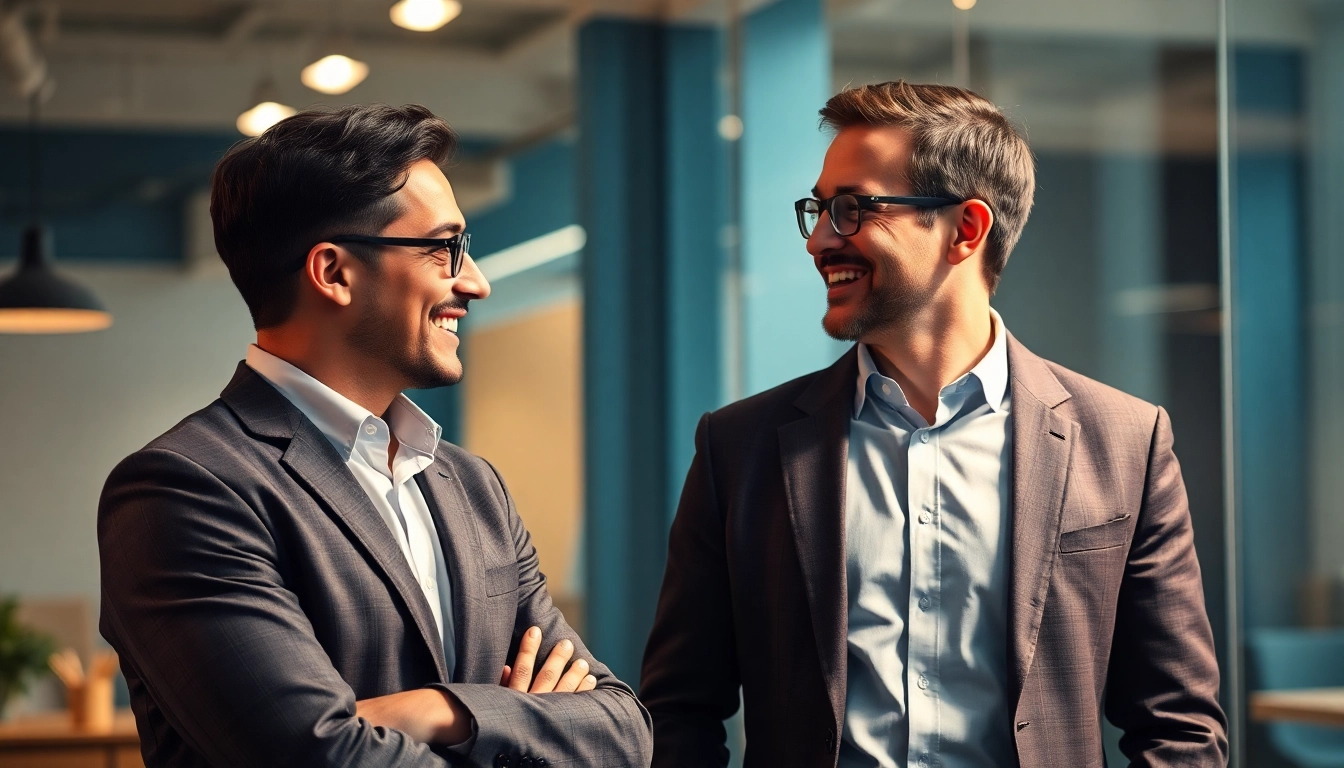 Headhunter im Gespräch mit einem Kandidaten über Karrierechancen in einem modernen Büro.